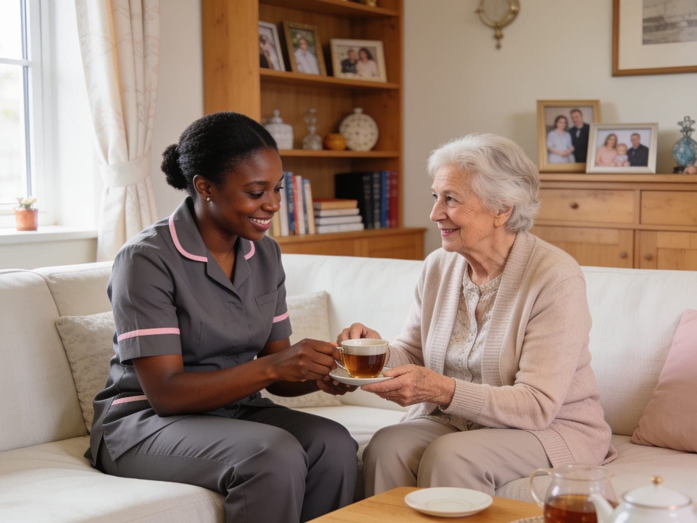 A Graceful Home Support companion sitting with an elderly client and her family, looking through a photo album together